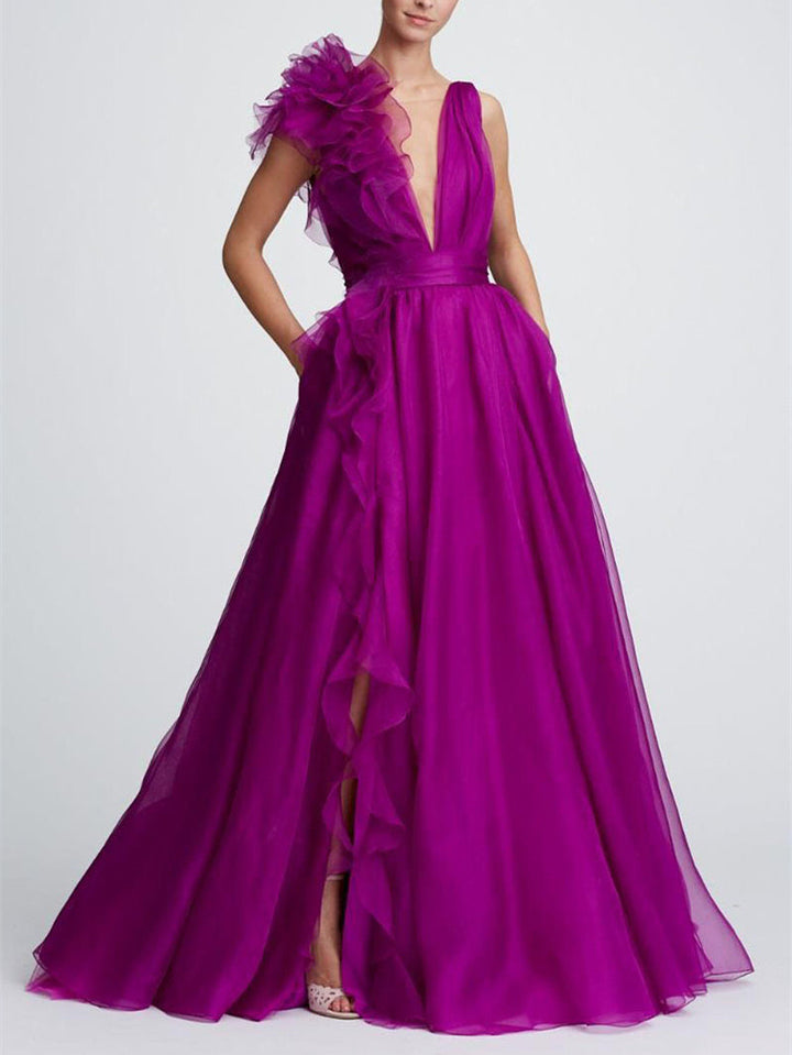 A-Line/Princess V Neck Sleeveless Floor-length Long Formal Evening Floar Dresses with Split Side