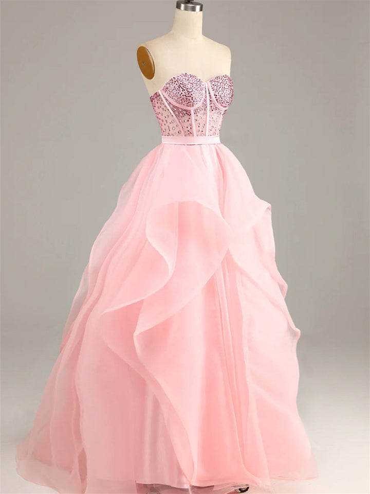 Ball-Gown Strapless Sleeveless Floor-Length Beaded Evening Dress