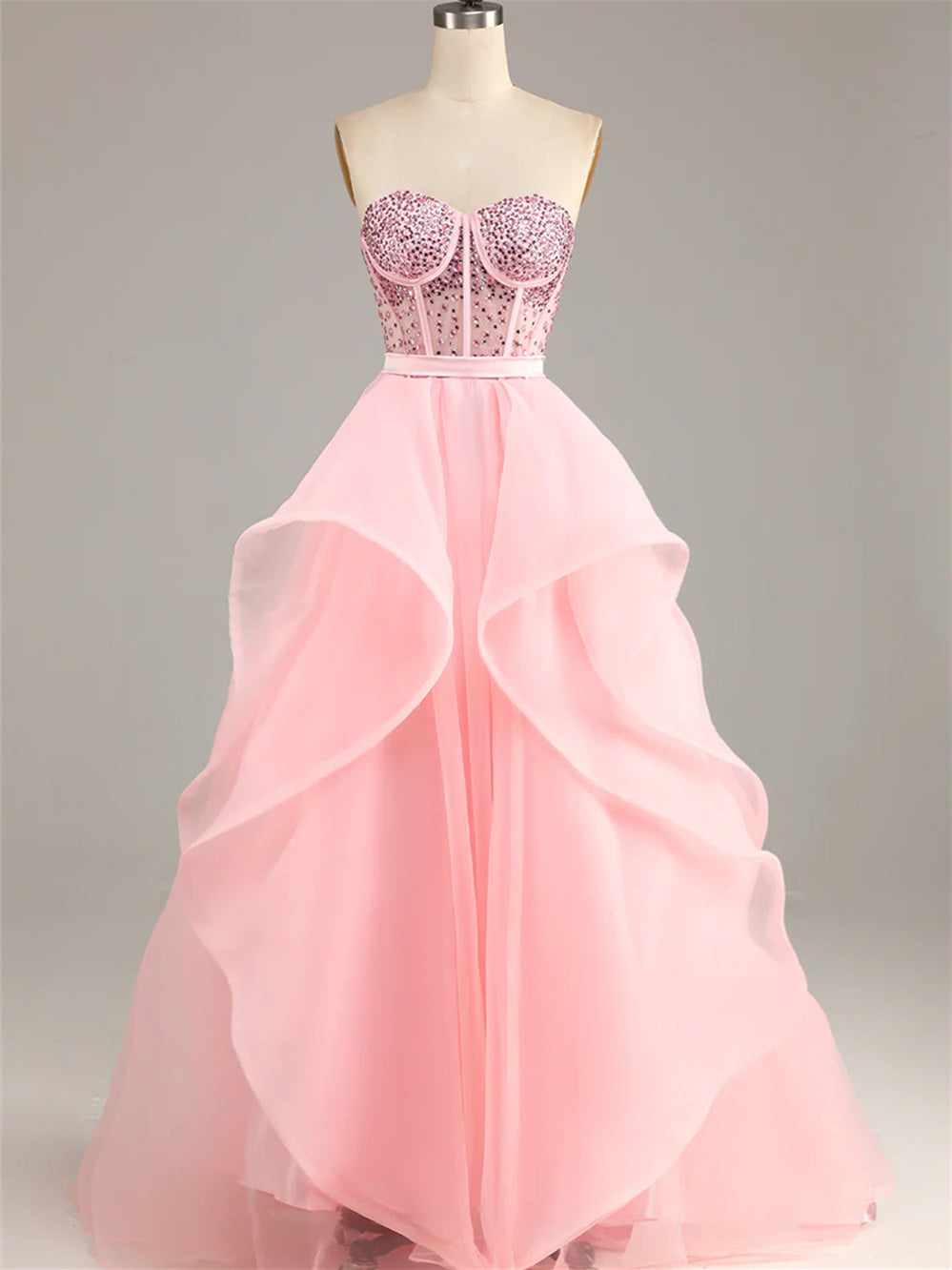 Ball-Gown Strapless Sleeveless Floor-Length Beaded Evening Dress