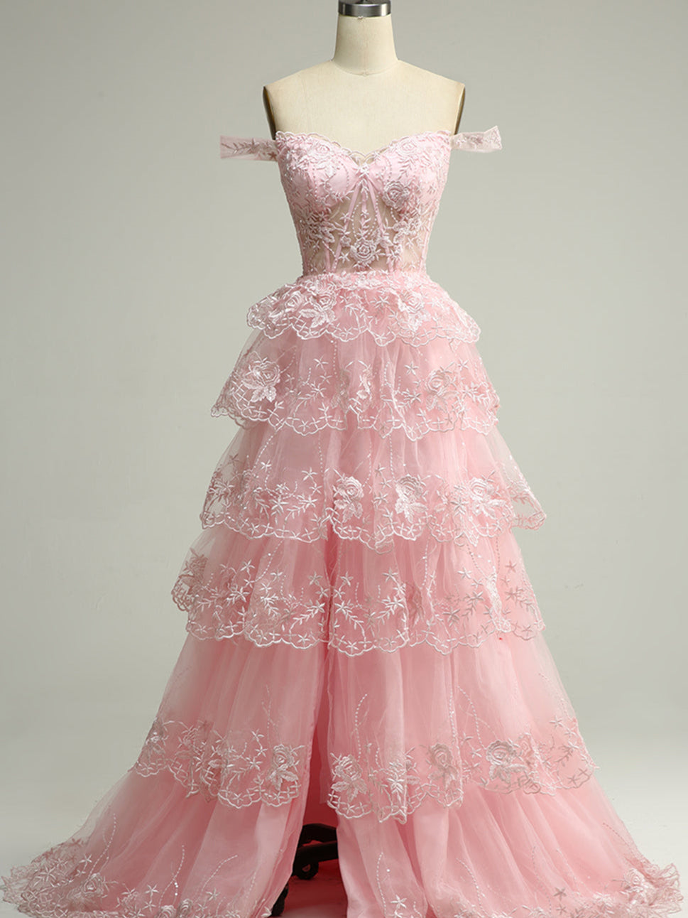 A-Line/Princess Sweetheart Off-the-Shoulder Floor-Length Evening Dress with Tiered Lace