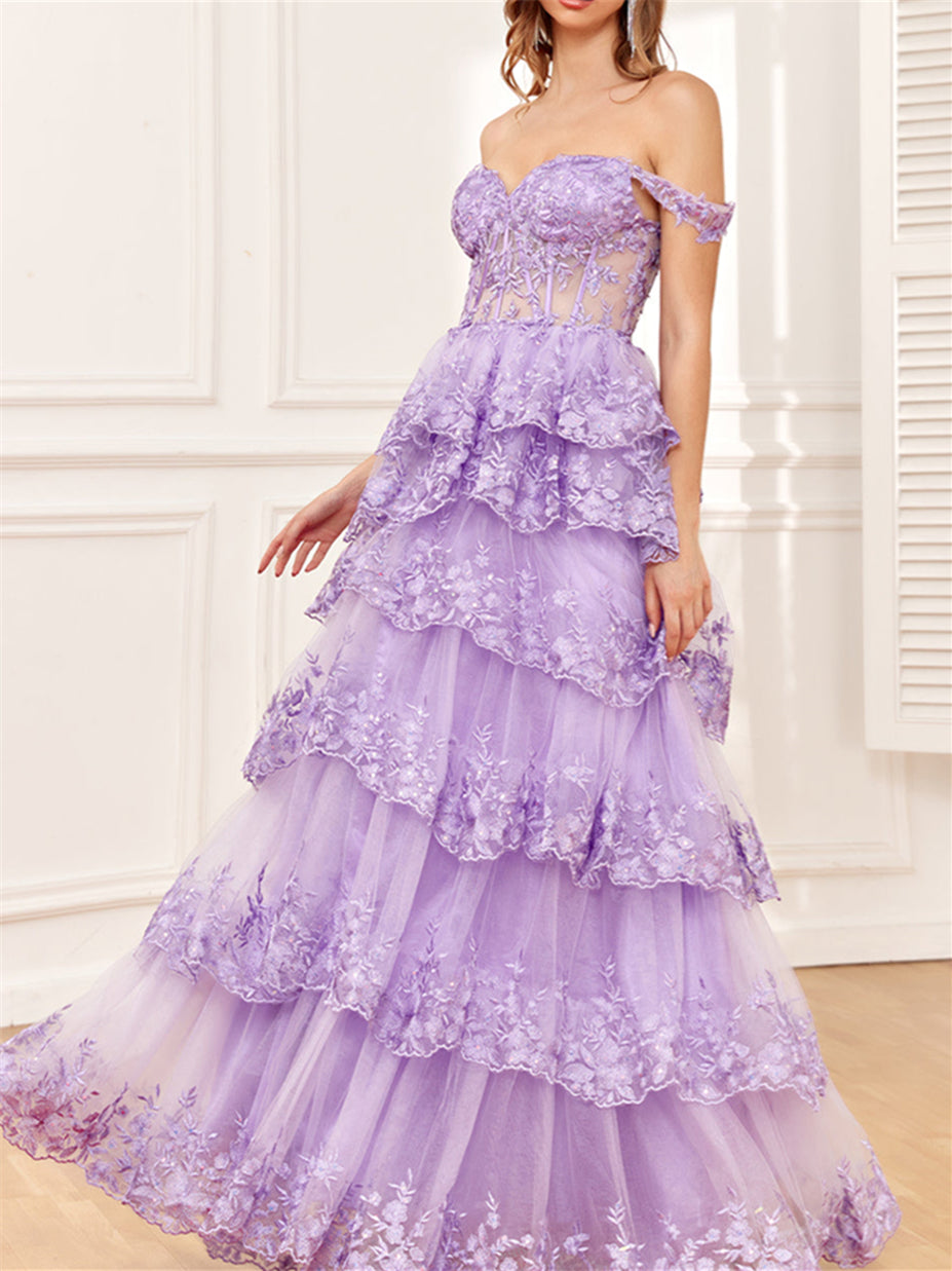 A-Line/Princess Sweetheart Off-the-Shoulder Floor-Length Evening Dress with Tiered Lace