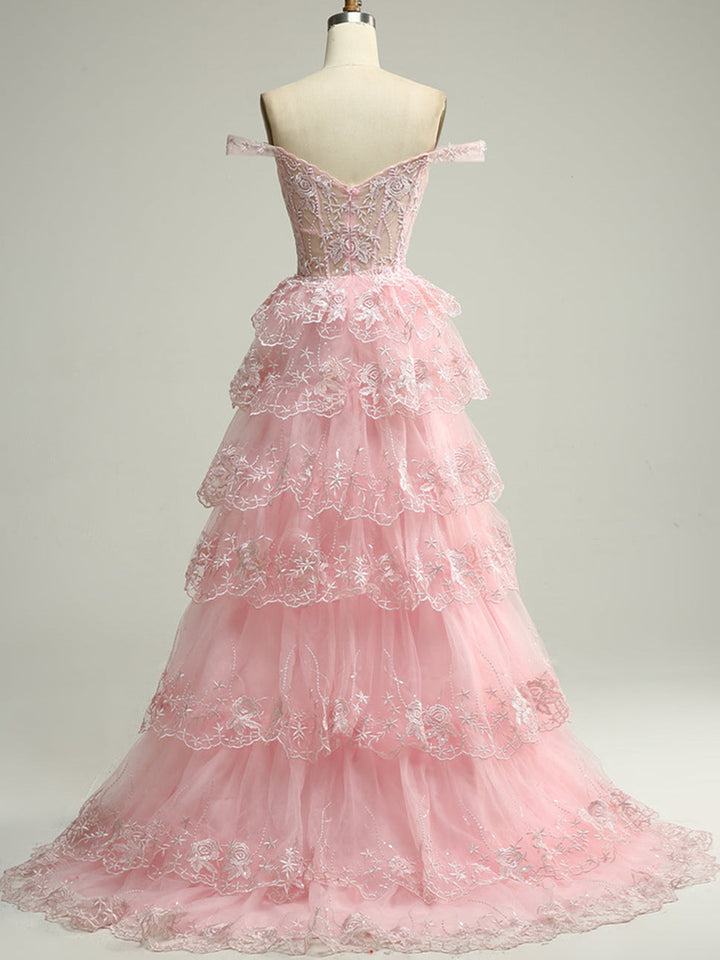 A-Line/Princess Sweetheart Off-the-Shoulder Floor-Length Evening Dress with Tiered Lace