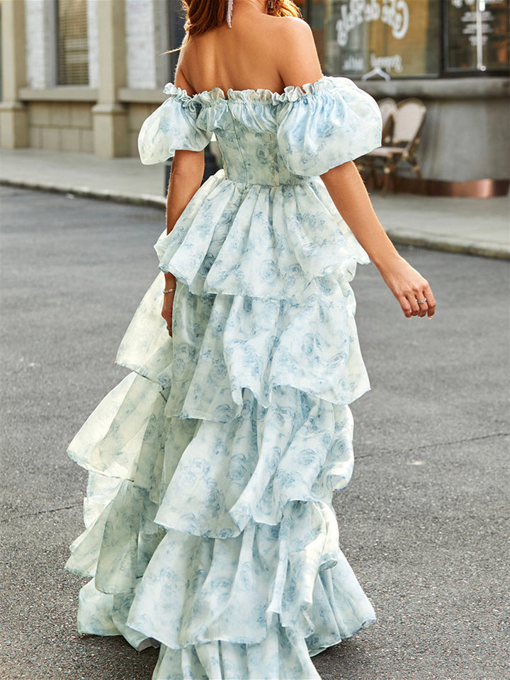 A-Line/Princess Off-the-Shoulder Tiered Floral Floor-Length Formal Dress