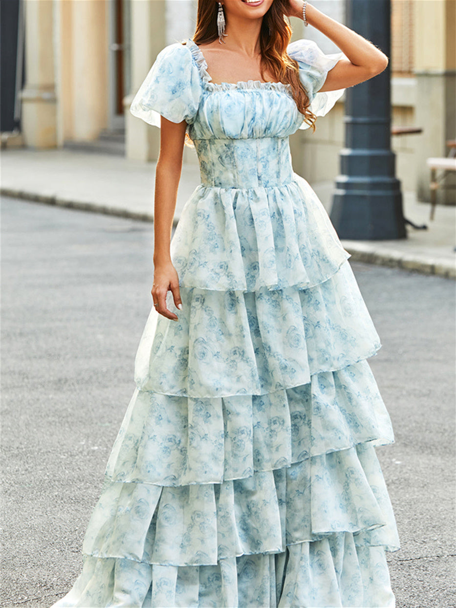 A-Line/Princess Off-the-Shoulder Tiered Floral Floor-Length Formal Dress