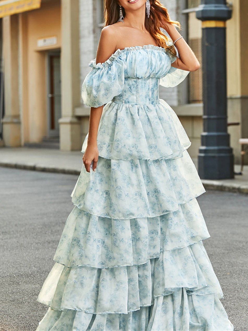 A-Line/Princess Off-the-Shoulder Tiered Floral Floor-Length Formal Dress