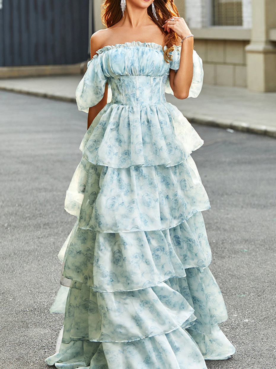 A-Line/Princess Off-the-Shoulder Tiered Floral Floor-Length Formal Dress