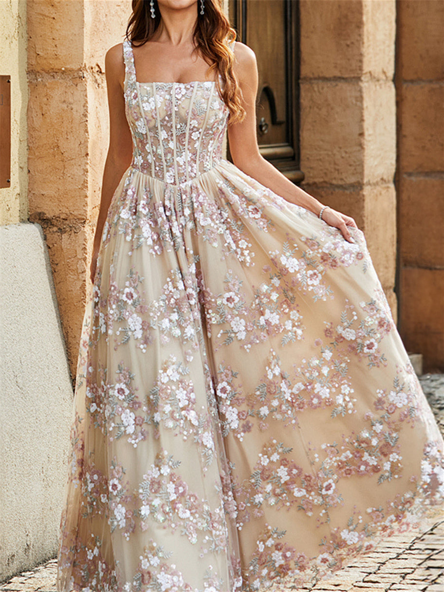 A-Line/Princess Square Neckline Sleeveless Floor-Length Evening Dress with Appliques