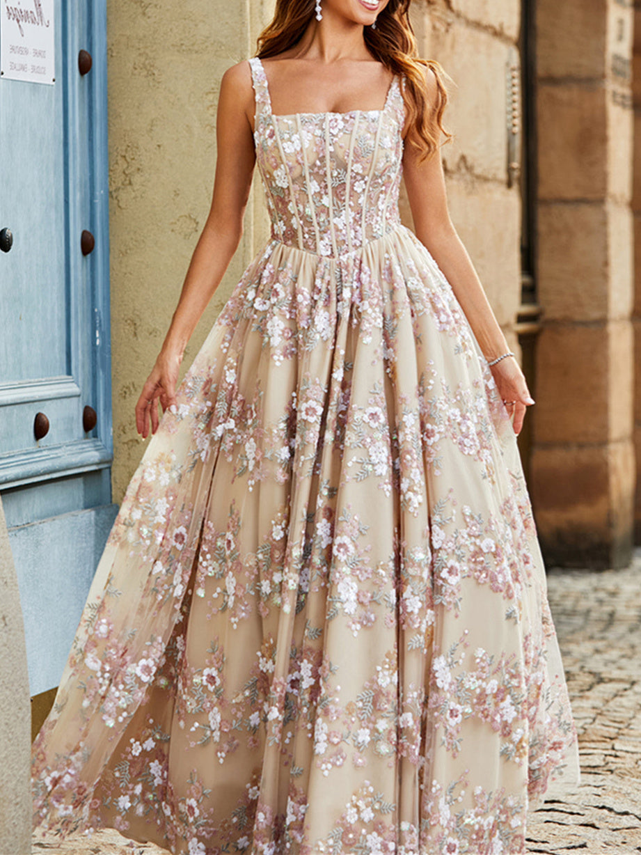 A-Line/Princess Square Neckline Sleeveless Floor-Length Evening Dress with Appliques