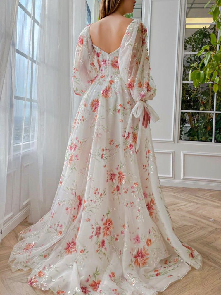A-Line/Princess Sweetheart Long Sleeves Floor-Length Prom Dresses with - Mondressy UK A-Line/Princess Sweetheart Long Sleeves Floor-Length Prom Dresses with - Mondressy UK
