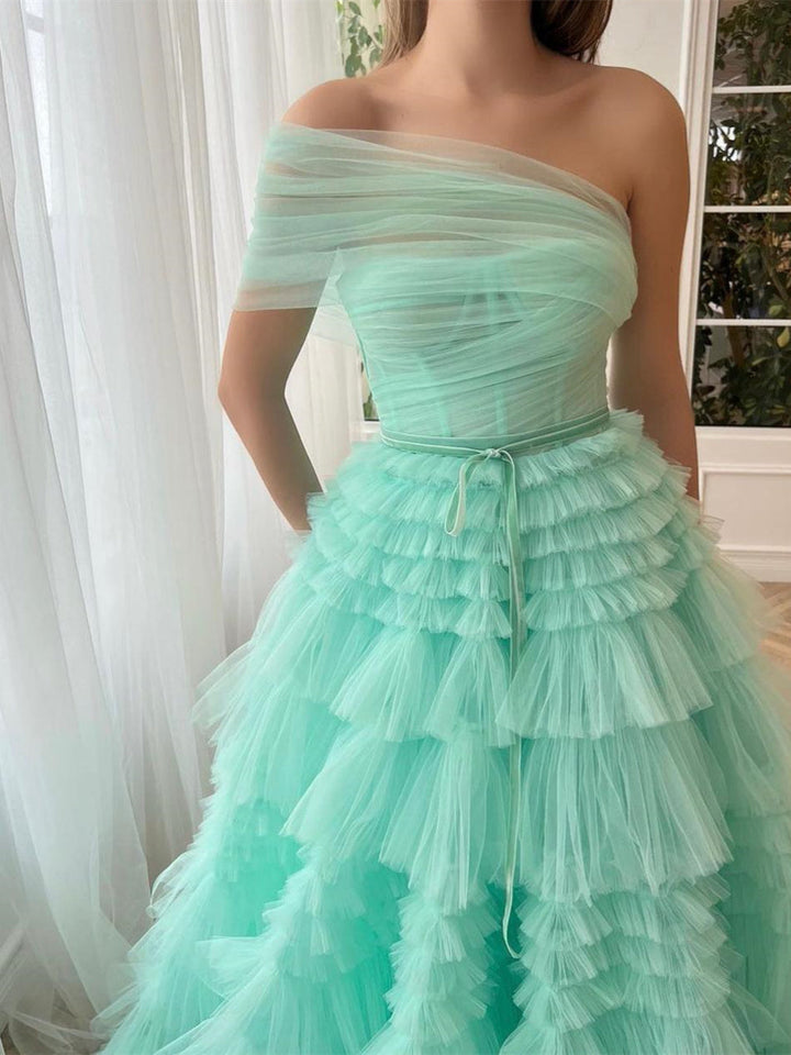 A-Line/Princess One-Shoulder Sleeveless Floor-Length  Prom Dresses with Pleats