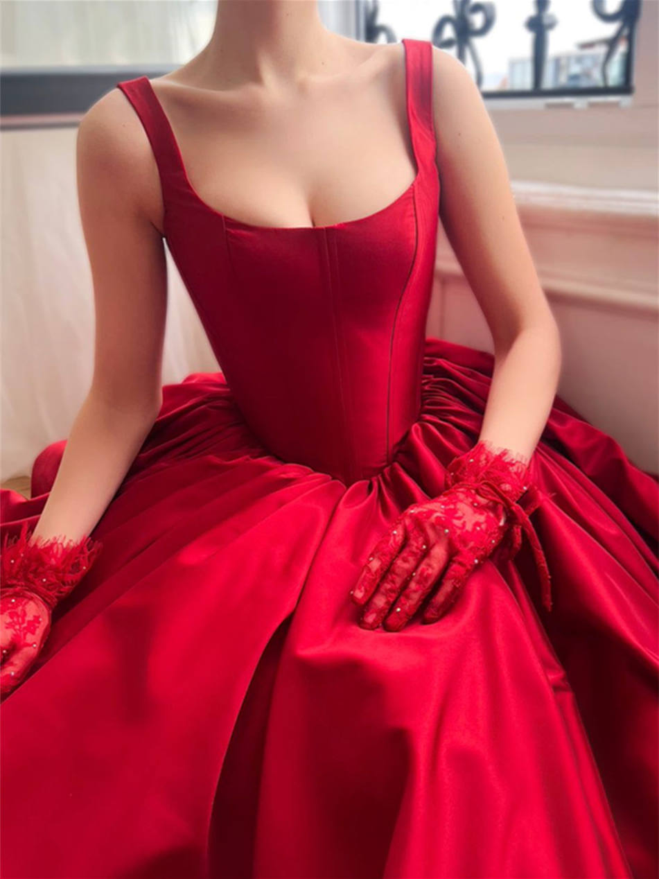 A-Line/Princess Square Neck Spaghetti Straps Sleeveless Floor-Length  Prom Dresses