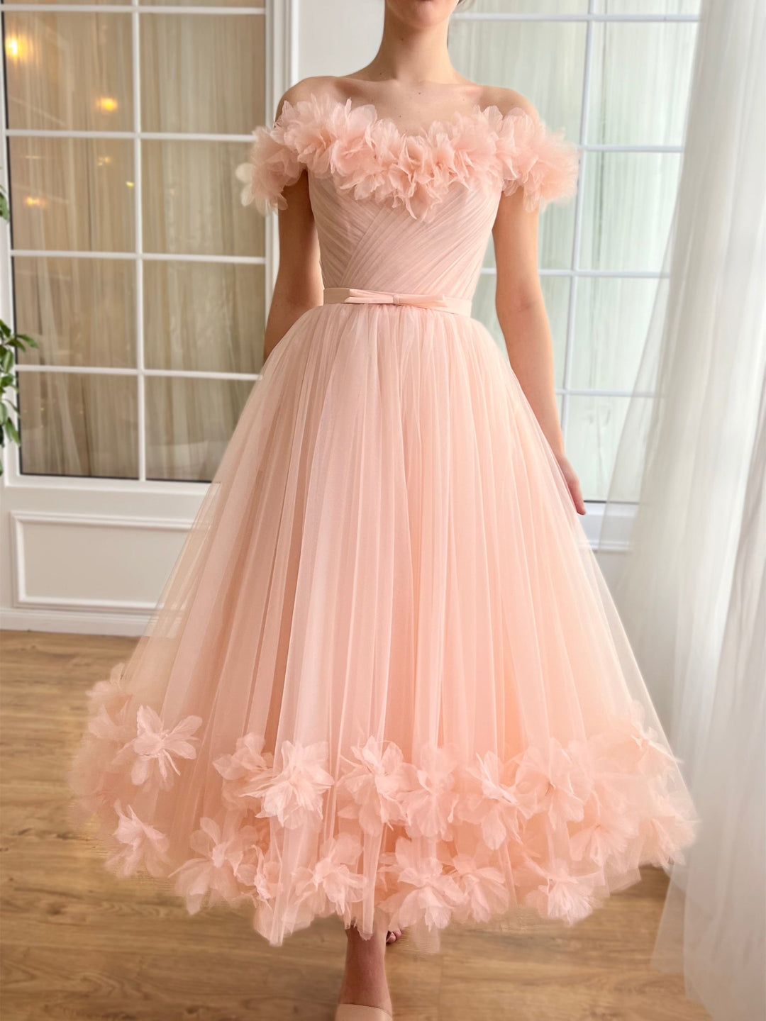 A-Line/Princess Sweetheart Off-the-Shoulder Ankle-Length Prom Dress with Embroidered Flowers