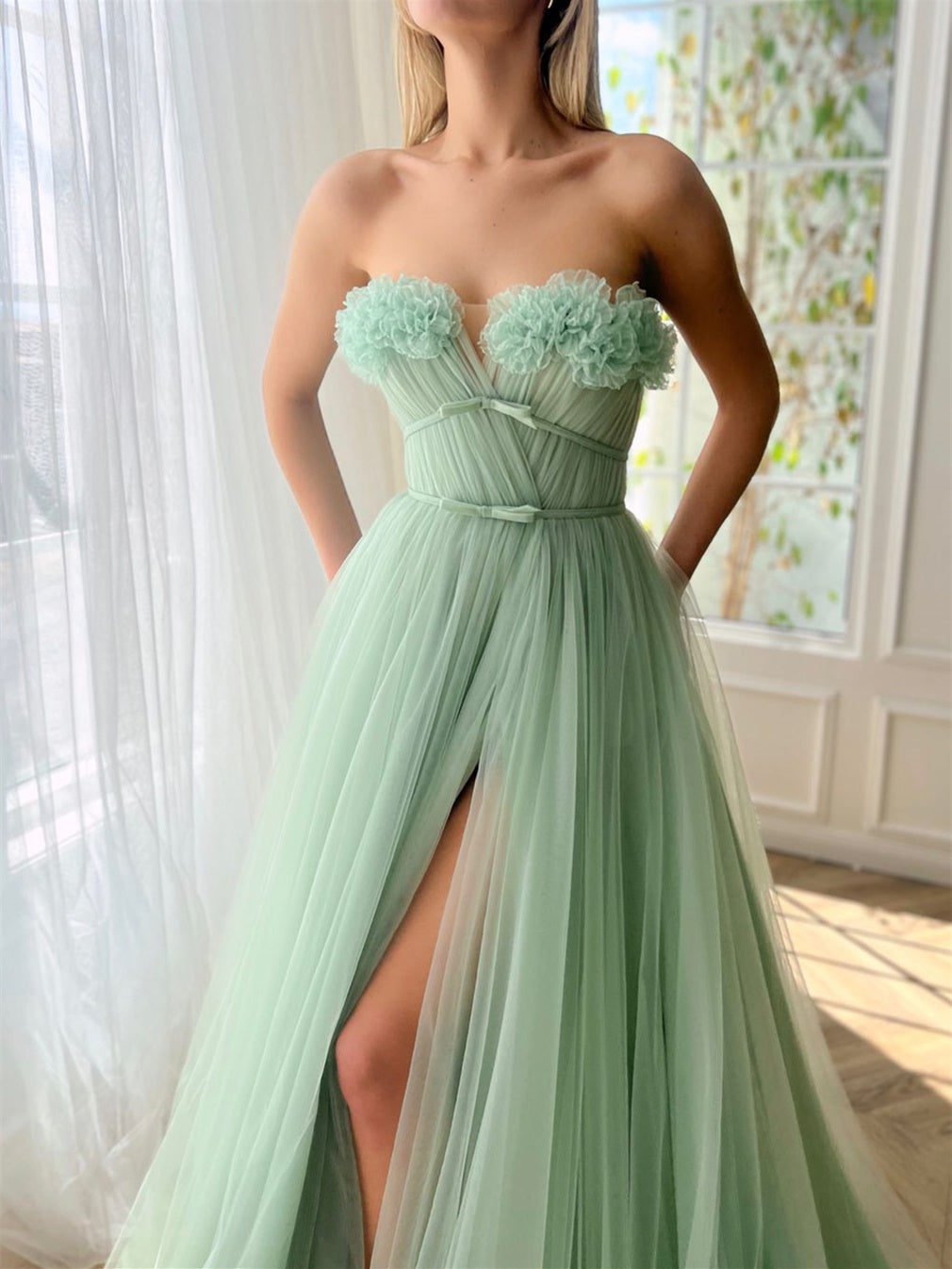 A-Line/Princess Sweetheart Strapless Floor-Length Prom Dress with Slit