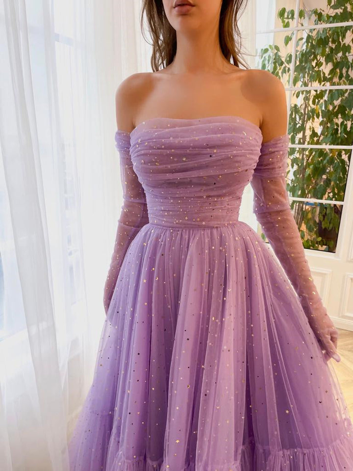 A-Line/Princess Sweetheart Strapless Fitted Off-the-Shoulder Gloves Ankle-Length Prom Dress