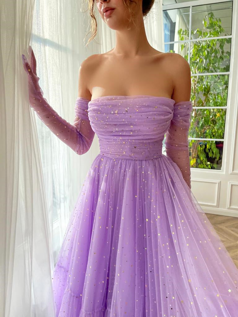 A-Line/Princess Sweetheart Strapless Fitted Off-the-Shoulder Gloves Ankle-Length Prom Dress