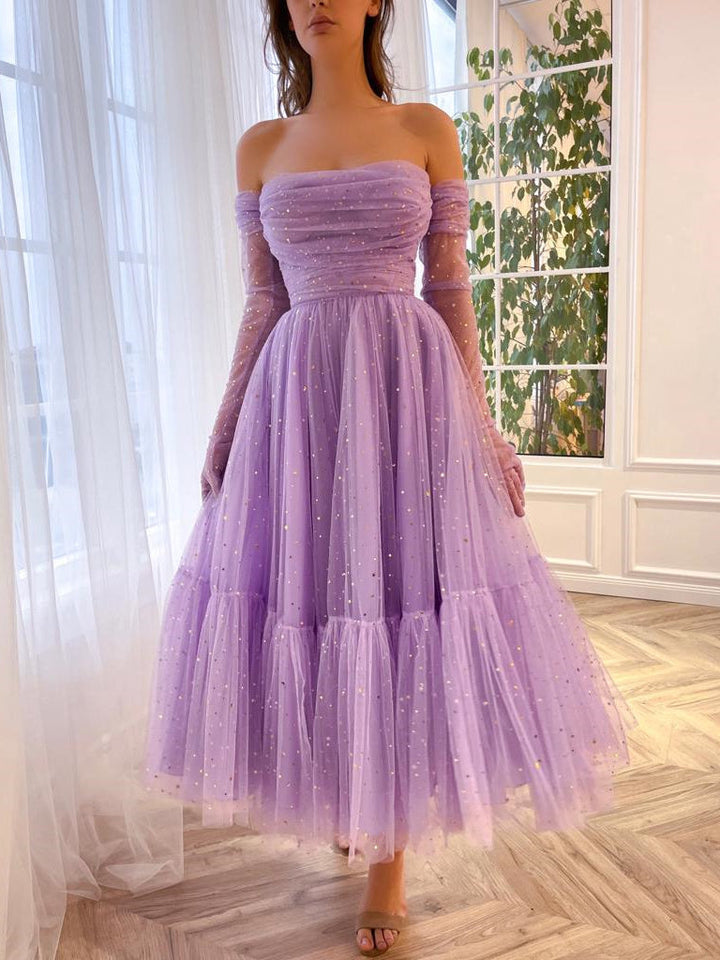 A-Line/Princess Sweetheart Strapless Fitted Off-the-Shoulder Gloves Ankle-Length Prom Dress