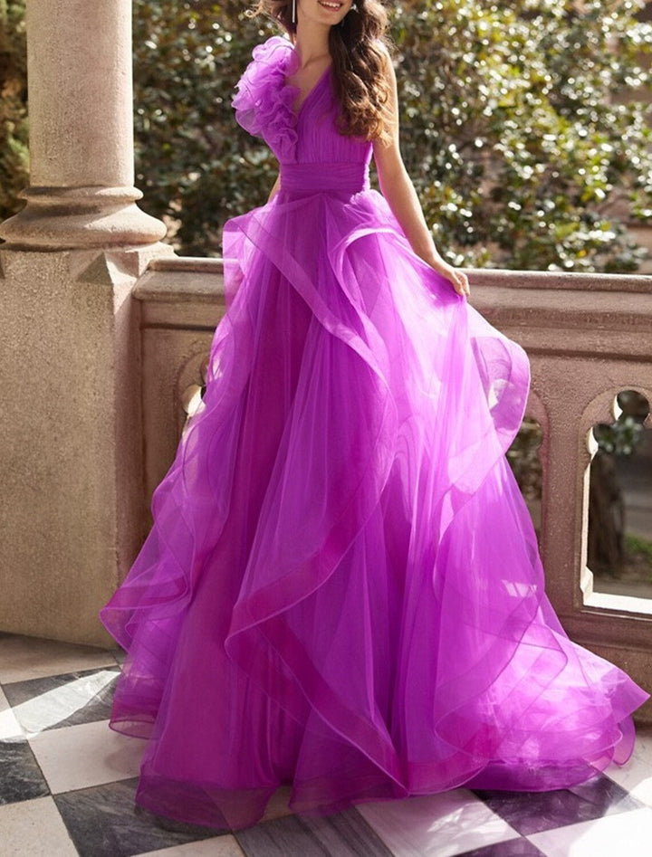 A-Line/Princess V Neck Sleeveless Floor-Length Prom Dresses with Ruffles