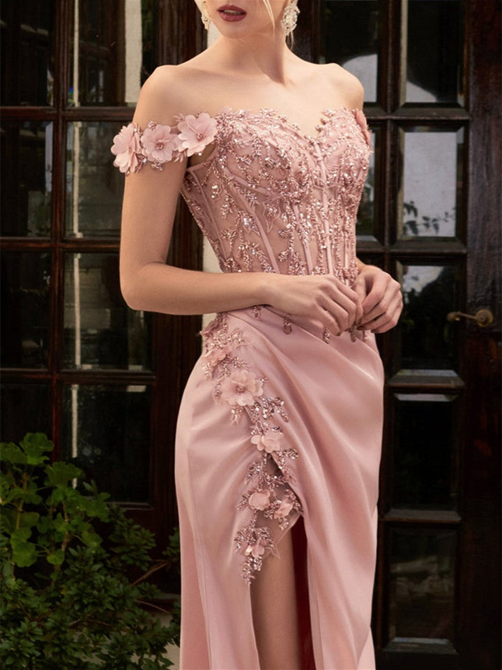 A-Line/Princess Sweetheart Off-the-Shoulder Floor-Length Prom Dresses with  Lace Embroidery