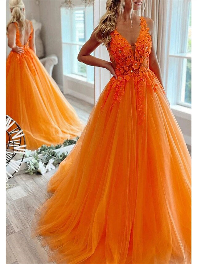 A-Line/Princess V Neck Floor-Length Prom Dresses with  with Pleats Beading