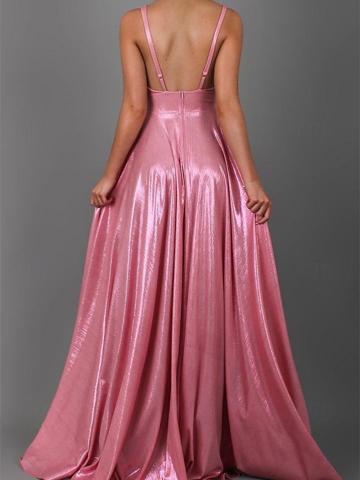 A-Line/Princess Sleeveless V Neck Floor-Length Prom Dresses with Pleats