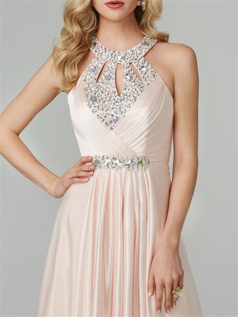 A-Line/Princess Sleeveless Halter Neck Floor-Length Prom Dresses with Crystals