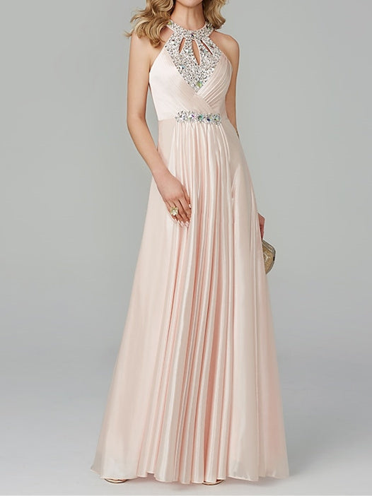 A-Line/Princess Sleeveless Halter Neck Floor-Length Prom Dresses with Crystals