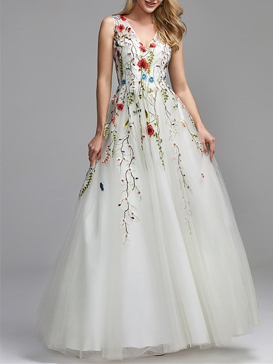 A-Line/Princess Sleeveless V Neck Floor-Length Prom Dresses with Embroidery Appliques