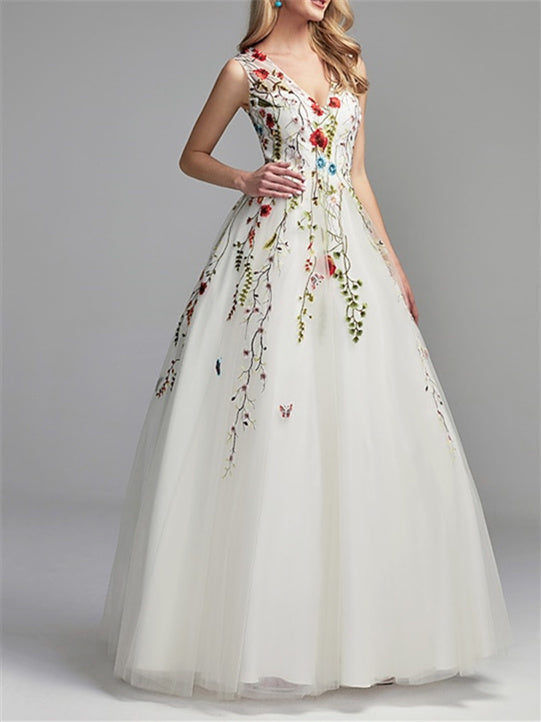 A-Line/Princess Sleeveless V Neck Floor-Length Prom Dresses with Embroidery Appliques