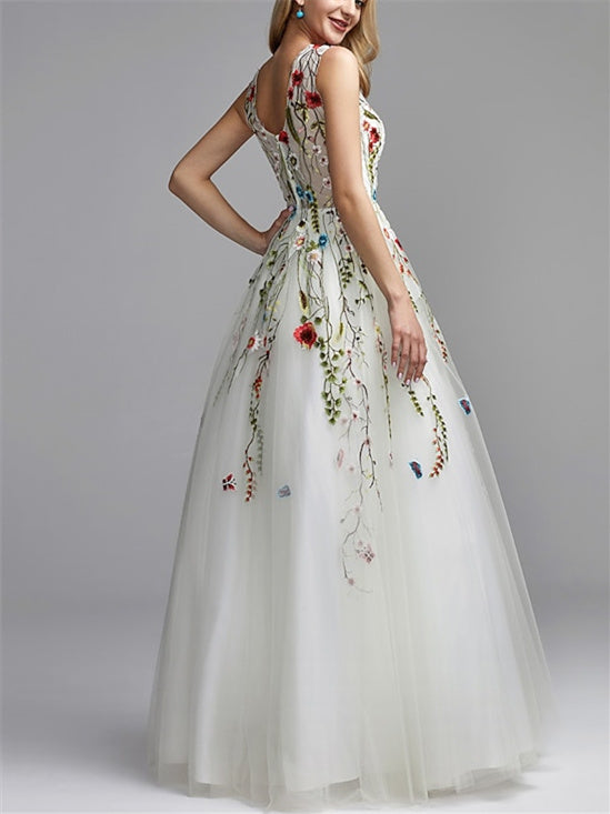 A-Line/Princess Sleeveless V Neck Floor-Length Prom Dresses with Embroidery Appliques