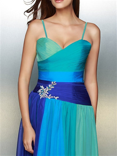 A-Line/Princess Sleeveless Sweetheart Floor-Length Prom Dresses with Ruched Crystals