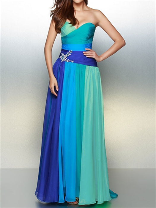 A-Line/Princess Sleeveless Sweetheart Floor-Length Prom Dresses with Ruched Crystals