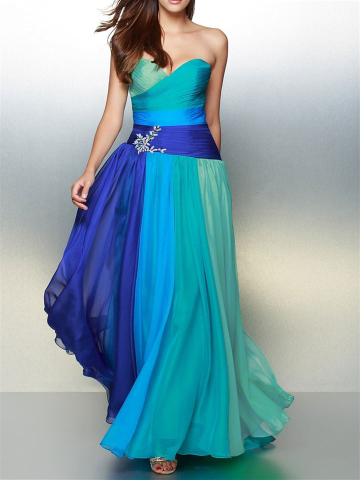 A-Line/Princess Sleeveless Sweetheart Floor-Length Prom Dresses with Ruched Crystals