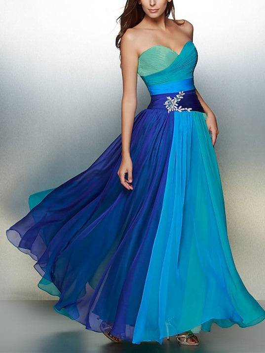 A-Line/Princess Sleeveless Sweetheart Floor-Length Prom Dresses with Ruched Crystals