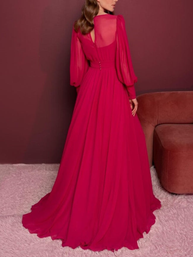 A-Line/Princess V-Neck Long Sleeves Floor-Length Evening Dress with Ruffles