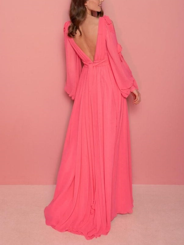 A-Line/Princess V-Neck Long Sleeves Floor-Length Evening Dress with Ruffles