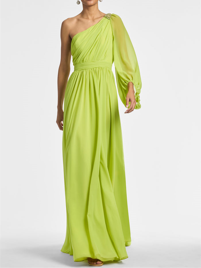 A Line/Princess One Shoulder Floor-Length Evening Dress with Ruffles