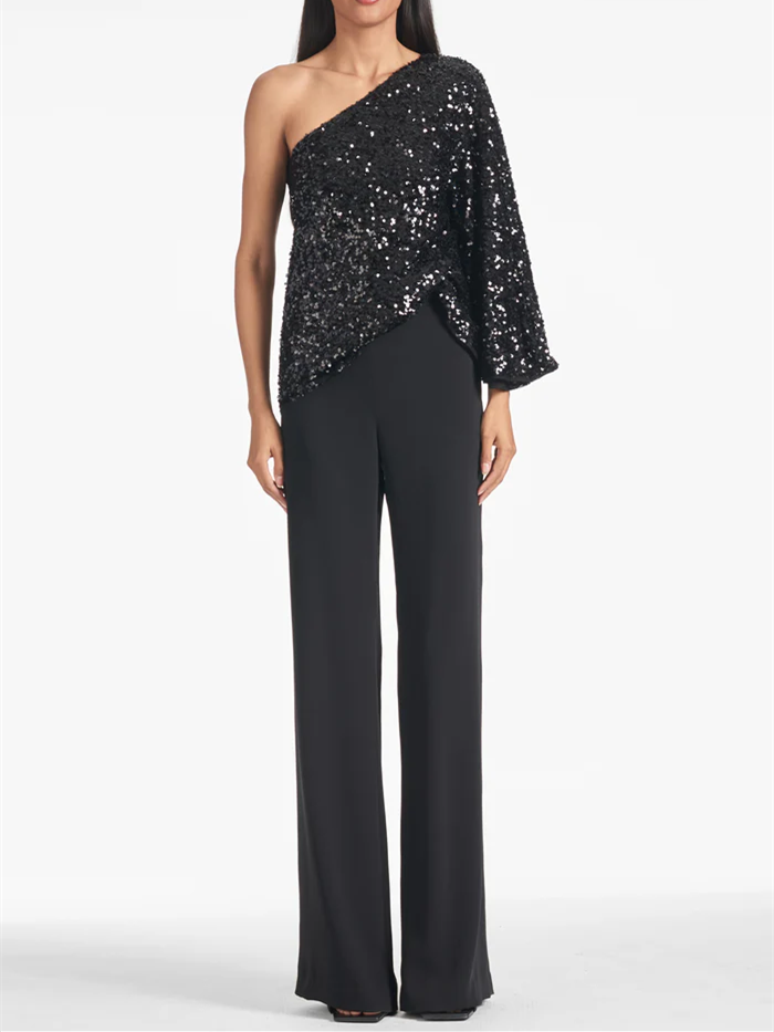 Black Sequin One Shoulder Top Evening Dress