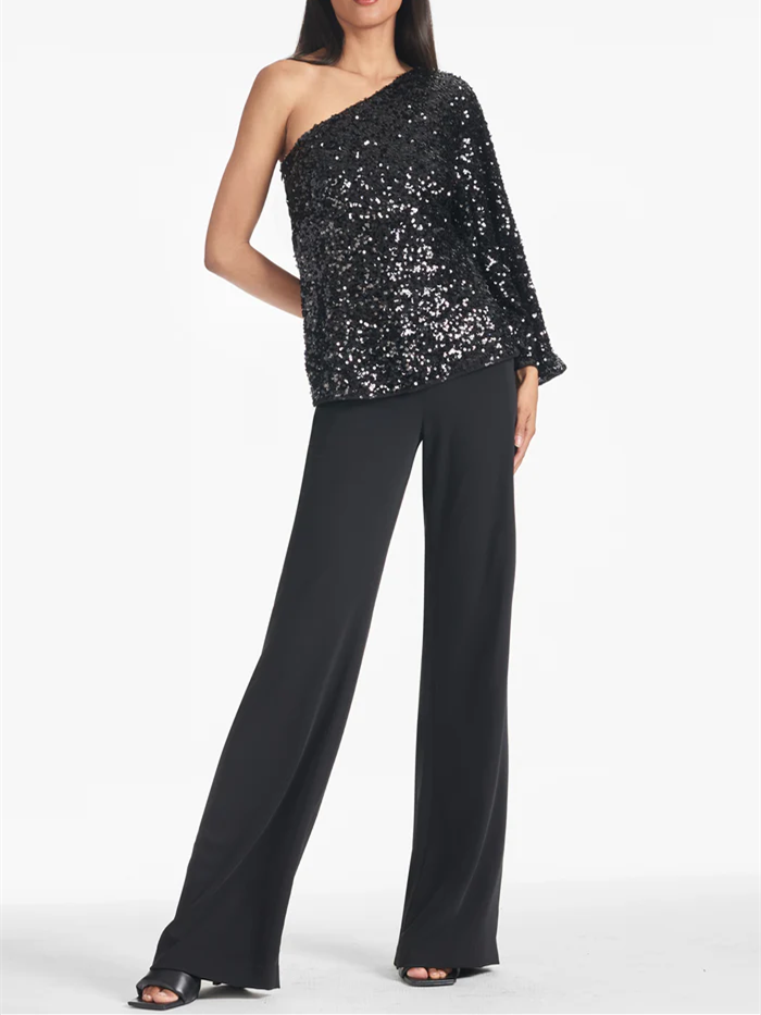 Black Sequin One Shoulder Top Evening Dress