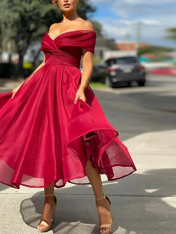 A-Line/Princess Off-the-Shoulder Tea-Length Cocktail Dresses