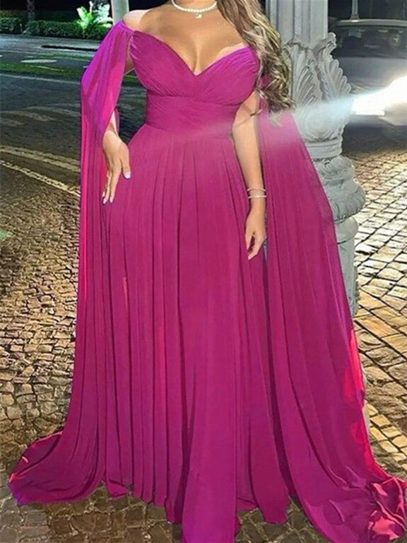 A-Line/Princess Off-the-Shoulder Floor-Length Evening Dress with Watteau Train