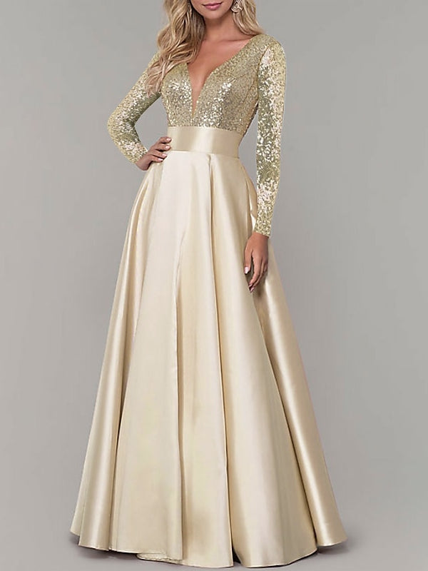 A-Line/Princess V Neck Long Sleeves Floor-Length Evening Dresses