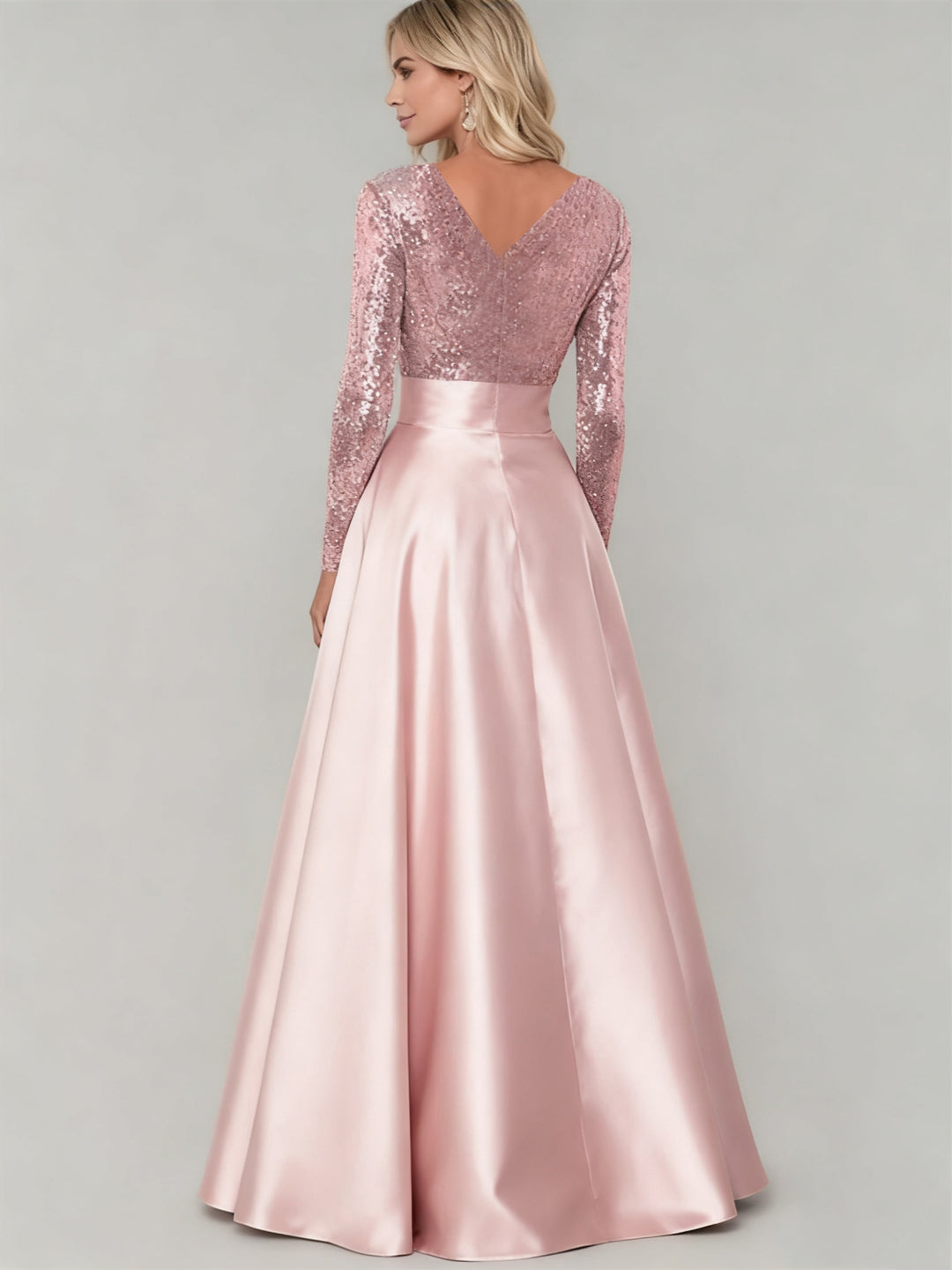 A-Line/Princess V Neck Long Sleeves Floor-Length Evening Dresses