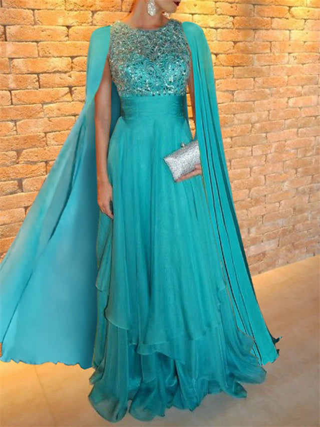 A-Line/Princess Jewel Neck Floor-Length Evening Dresses Appliques Shawl