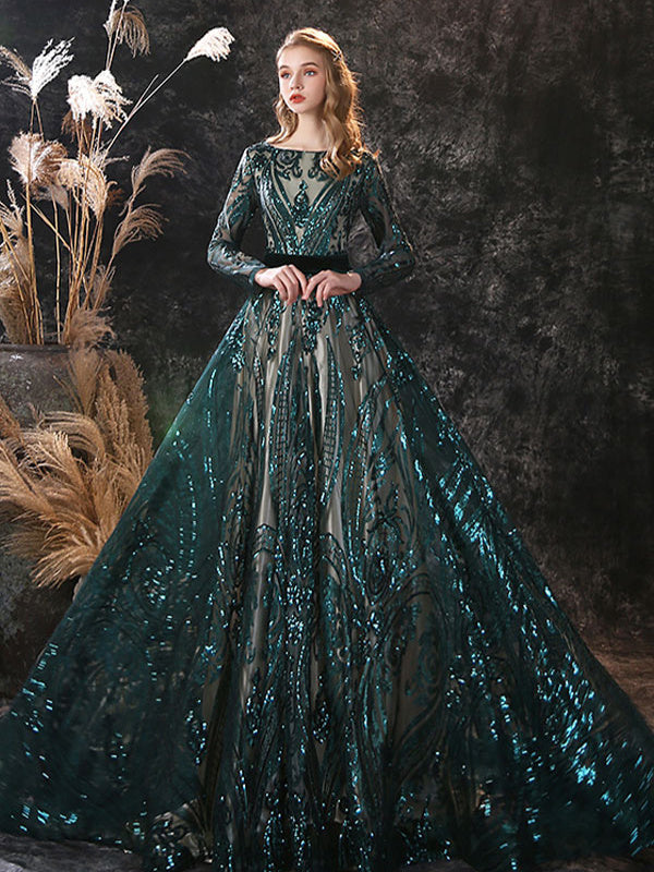 A-Line/Princess Scoop Neck Long Sleeves Court Train Evening Dresses With Lace