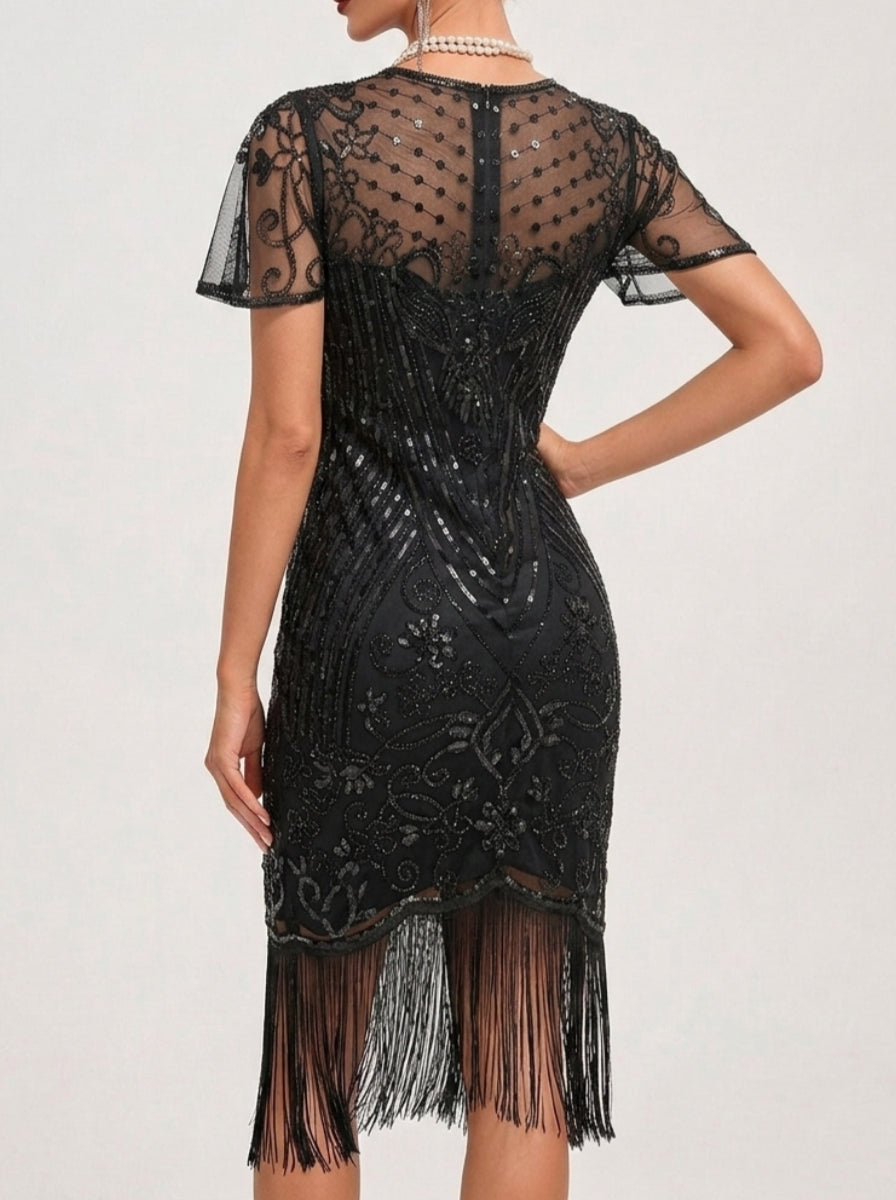 A-Line/Princess Jewel Neck Short Sleeve Knee-Length Vintage Dress with Tassel Fringe &amp; Sequins