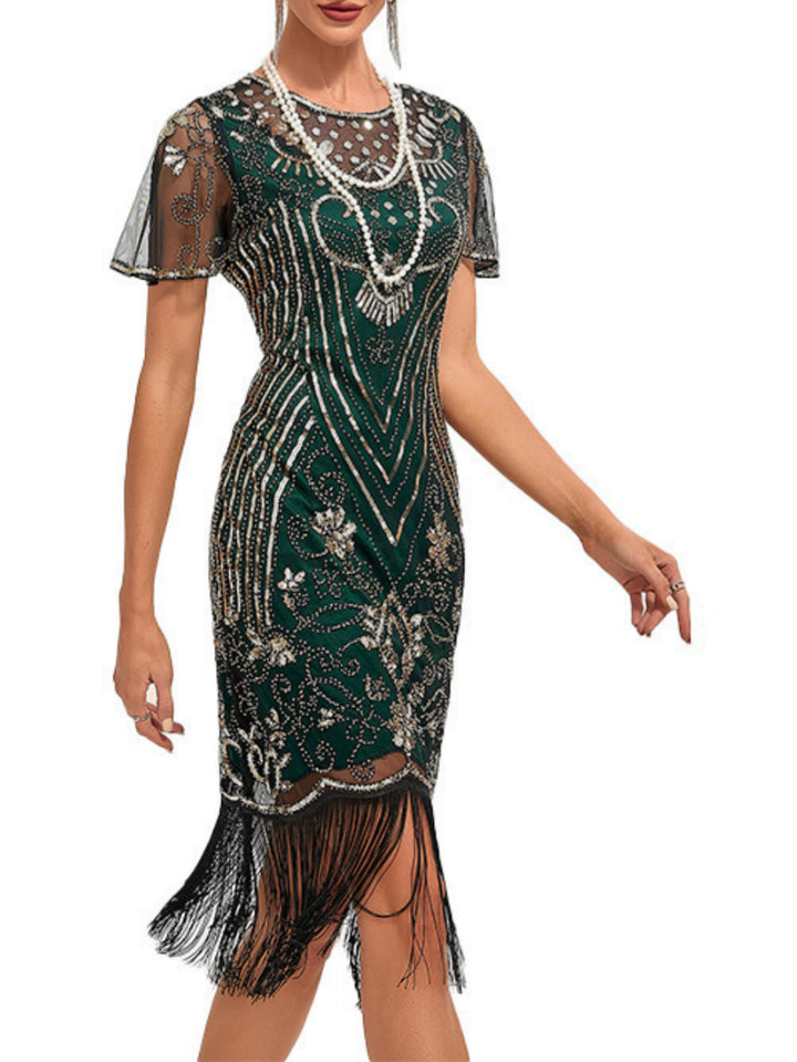 A-Line/Princess Jewel Neck Short Sleeve Knee-Length Vintage Dress with Tassel Fringe &amp; Sequins