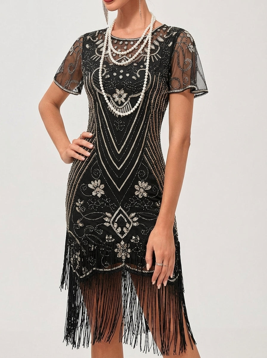 A-Line/Princess Jewel Neck Short Sleeve Knee-Length Vintage Dress with Tassel Fringe &amp; Sequins