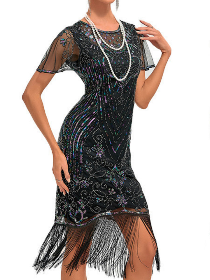 A-Line/Princess Jewel Neck Short Sleeve Knee-Length Vintage Dress with Tassel Fringe &amp; Sequins