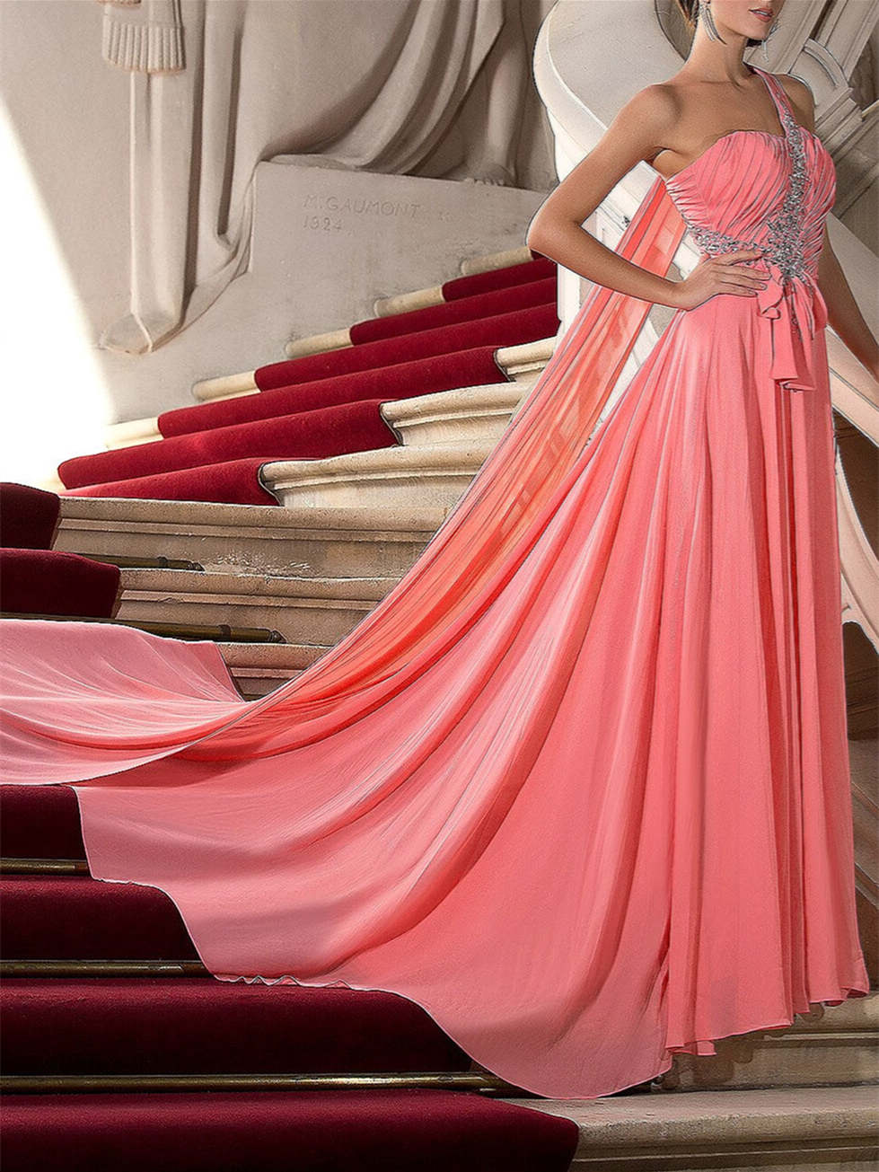 A-Line/Princess One Shoulder Court Train Evening Dresses with Crystals Draping