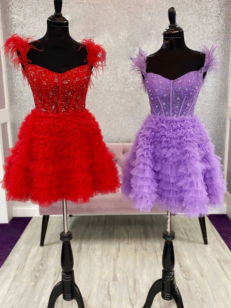 A-Line/Princess Semi-Sweetheart Sleeveless Short/Mini Party Dance Cocktail Homecoming Dress With Ruffles & Feathers